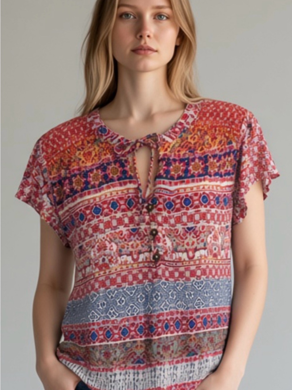 Red Multi-Print Cap-Sleeve Blouse